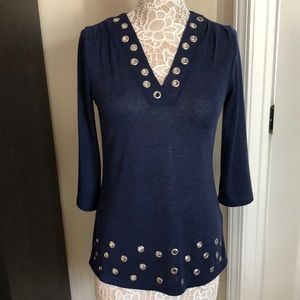NEW DIRECTIONS 3/4 length sleeve grommet detail women sweater size S blue color